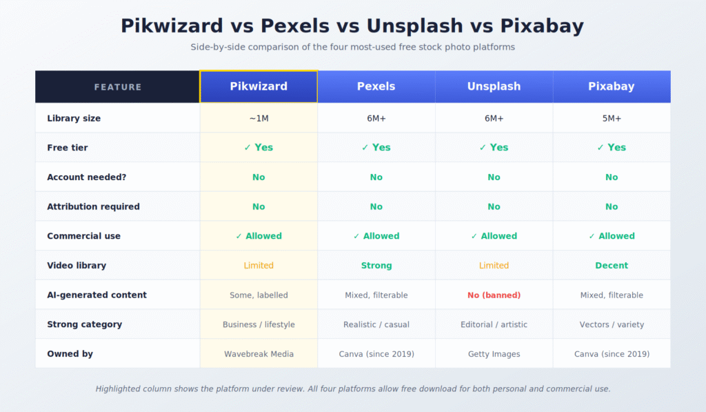 Pikwizard vs Pexels vs Unsplash vs Pixabay