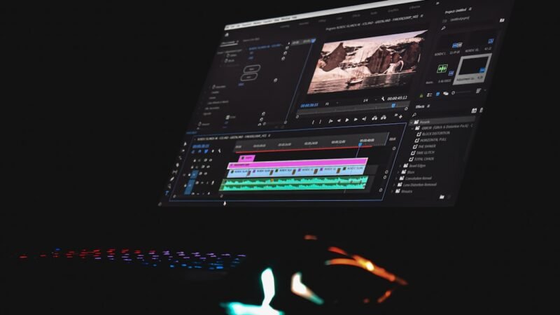 Computer monitor displaying video editing software with a timeline, representing AI photo-to-video tools