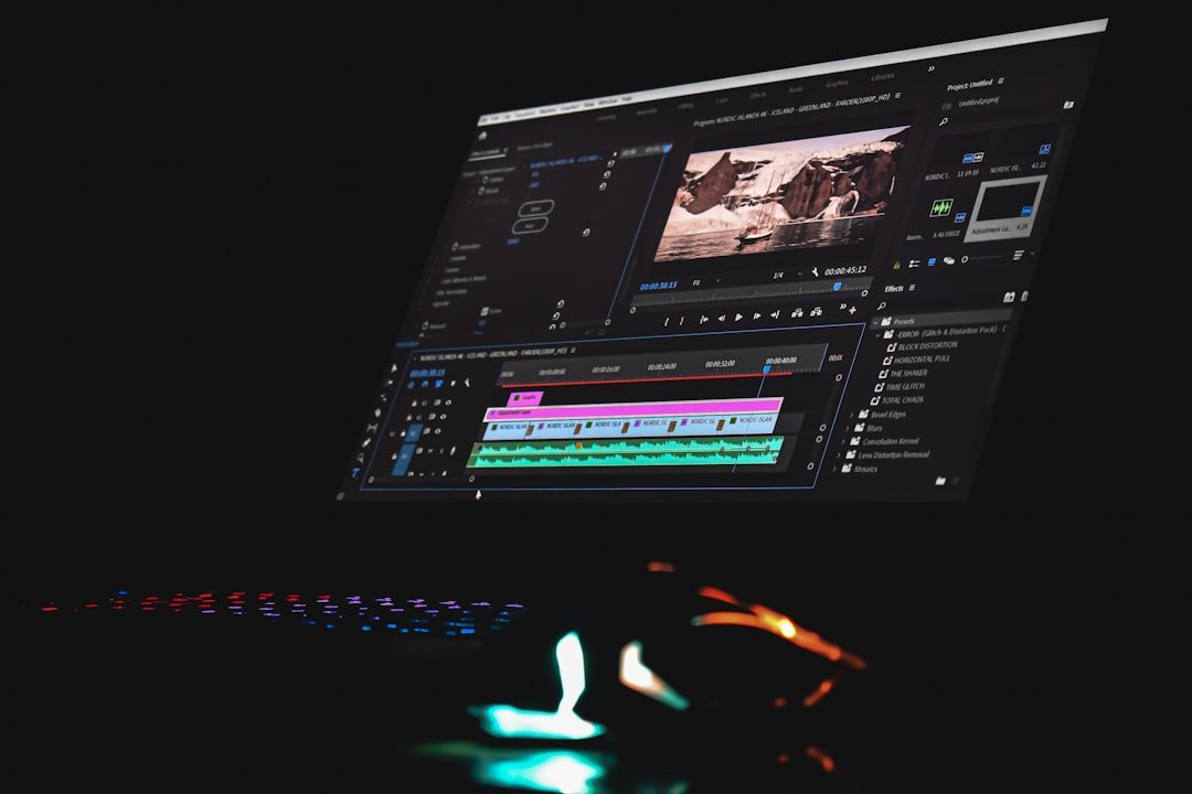 Computer monitor displaying video editing software with a timeline, representing AI photo-to-video tools