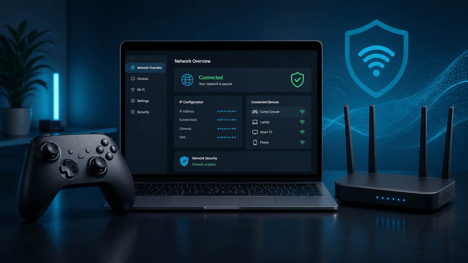 Game controller, router, and secure Xbox network settings dashboard
