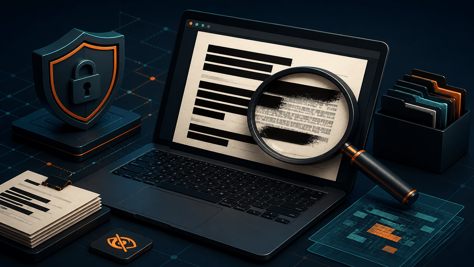 Laptop displaying a redacted document with a magnifying glass and security shield