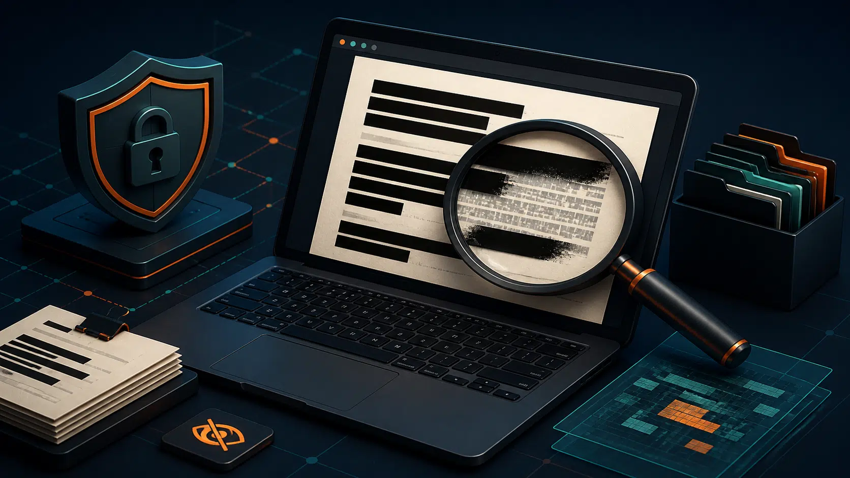 Laptop displaying a redacted document with a magnifying glass and security shield