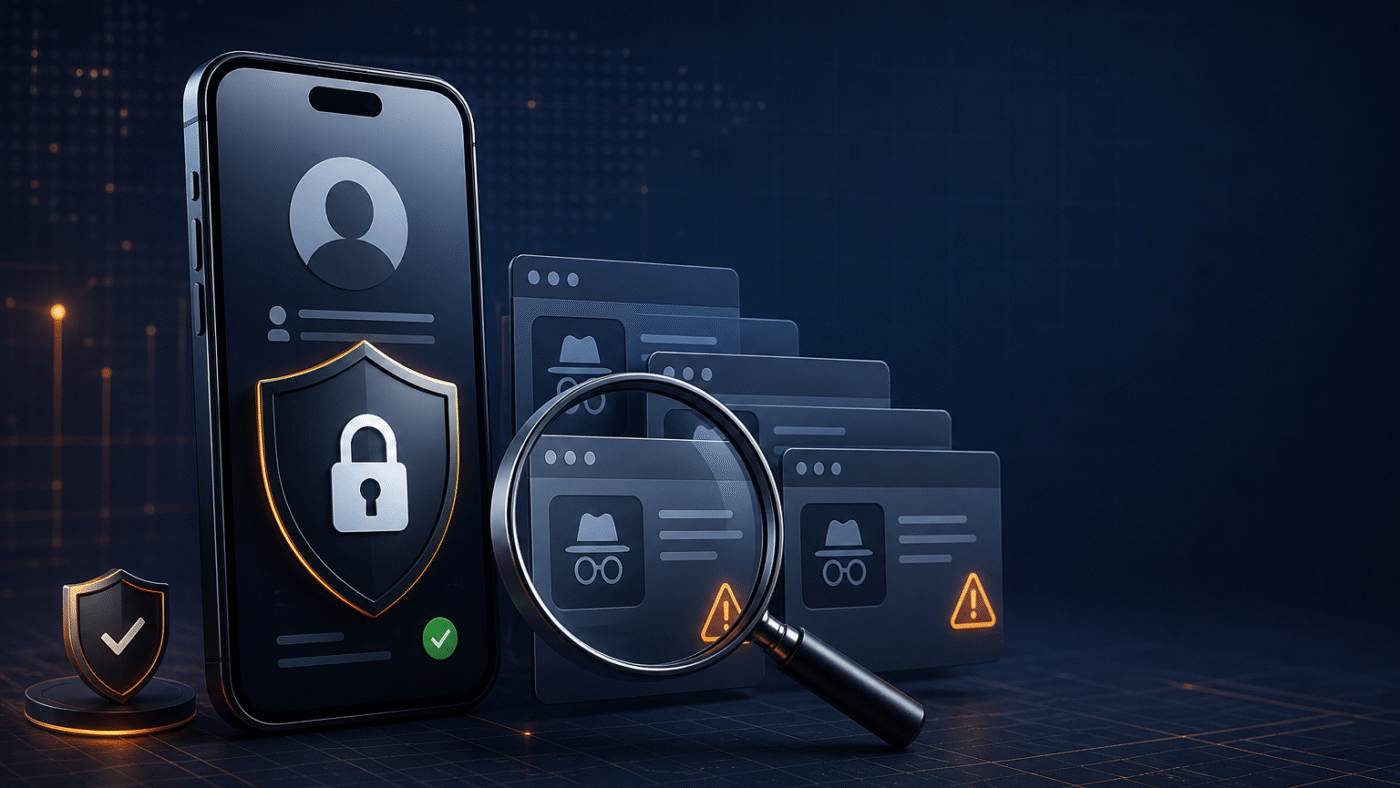 A smartphone protected by a privacy shield while suspicious social-media viewer pages are examined