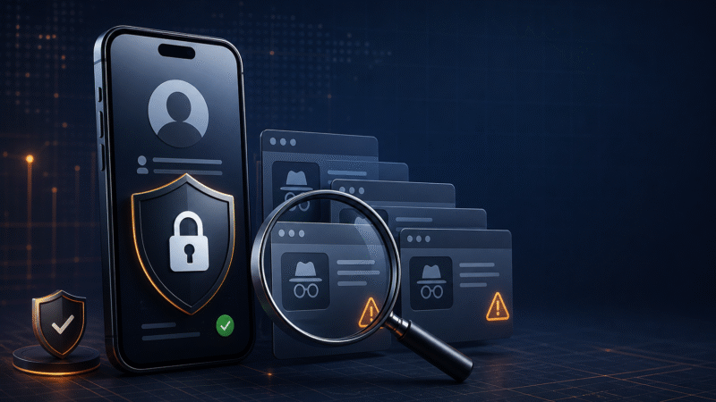 A smartphone protected by a privacy shield while suspicious social-media viewer pages are examined