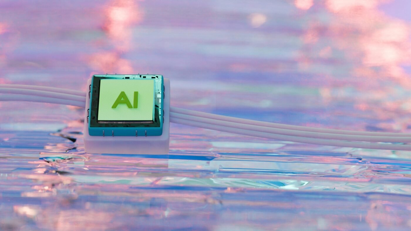 Abstract close-up of an AI microchip with glossy reflective surface, symbolizing AI infrastructure and compute