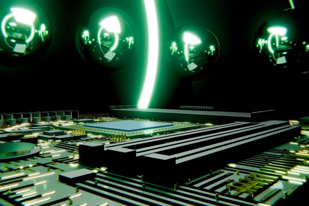Circuit board illuminated by green light, representing AI data center hardware
