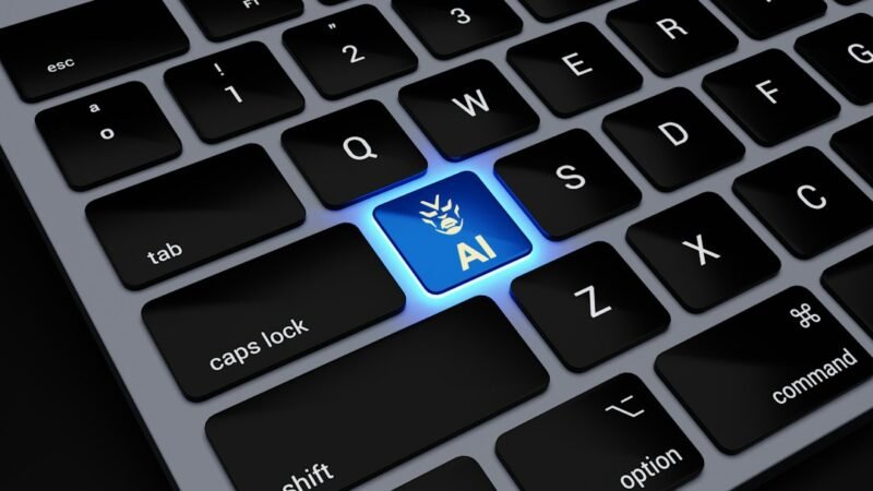 Keyboard with abstract AI text overlay, representing artificial intelligence tools used in SEO work