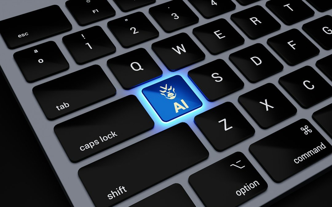 Keyboard with abstract AI text overlay, representing artificial intelligence tools used in SEO work