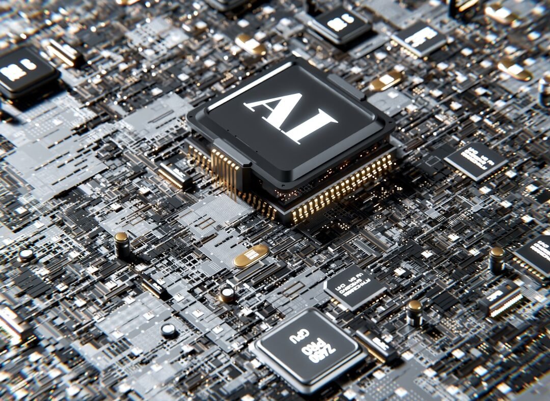Abstract 3D render of AI processors and circuitry, symbolizing the race to build more capable frontier AI models