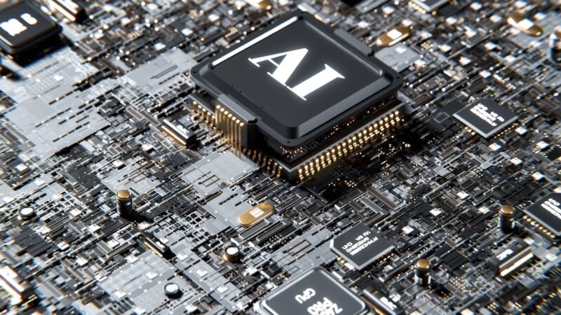 Abstract 3D render of AI processors and circuitry, symbolizing the race to build more capable frontier AI models