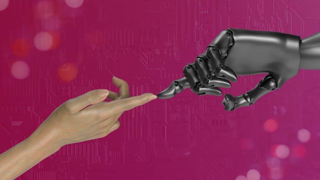 Human hand reaching toward a robotic hand, symbolizing AI alignment and safety guidelines