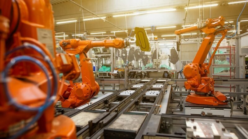 Automatic robots assembling products in an industrial factory