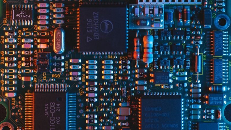 Close-up of a printed circuit board with semiconductor components