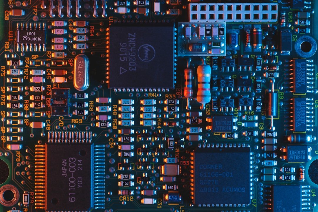 Close-up of a printed circuit board with semiconductor components