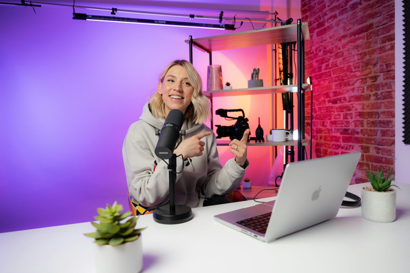 Video content creator recording in a studio setup