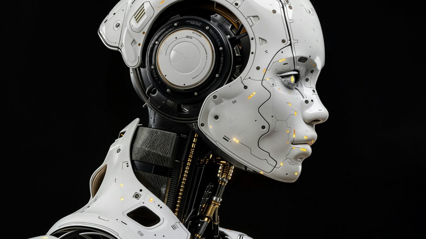 Side profile of a humanoid robot head, representing the physical AI systems being trained on human motion data