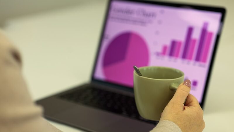 Person reviewing a purple data visualization dashboard on a laptop, representing advertiser reporting tools