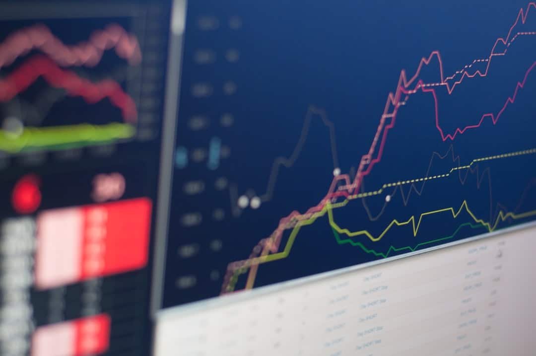 Live stock trading charts on multiple monitors during a market session
