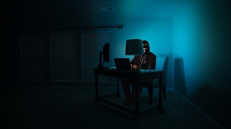 Person at a computer wearing an anonymous mask, representing state-backed hacking group WaterPlum