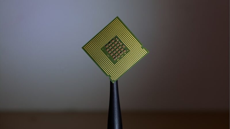 Macro shot of a computer chip symbolizing Nvidia and the AI hardware race