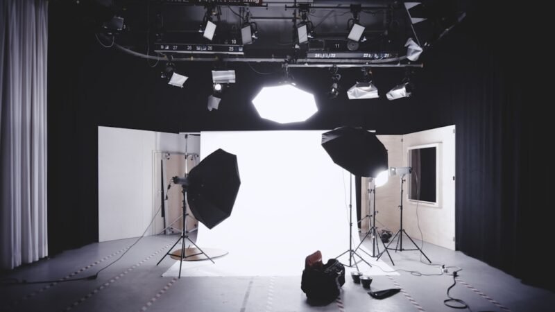Photography and interview studio setup with lighting equipment