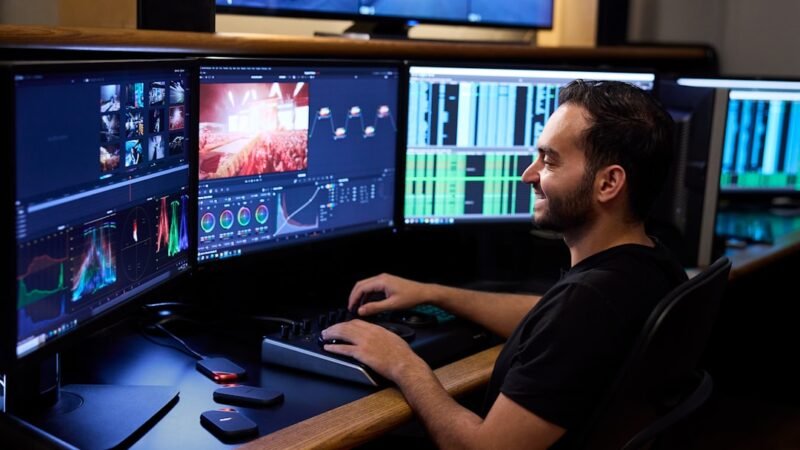 Programmer working across multiple computer monitors displaying code