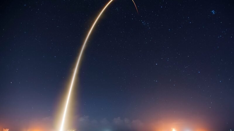 Long exposure of a rocket launch arcing over dark water at night