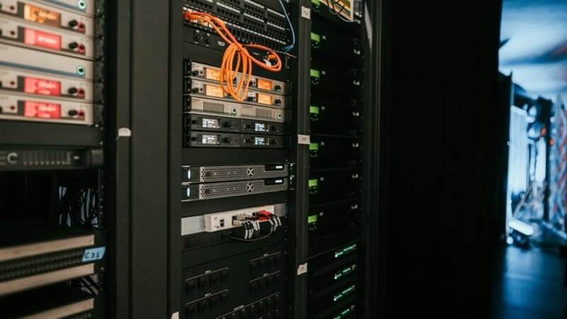 A rack of servers in a data center room, illustrating the EU's new energy and water disclosure rule