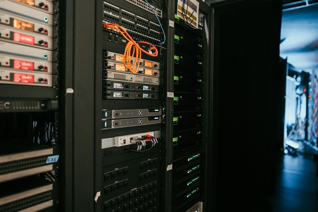 A rack of servers in a data center room, illustrating the EU's new energy and water disclosure rule