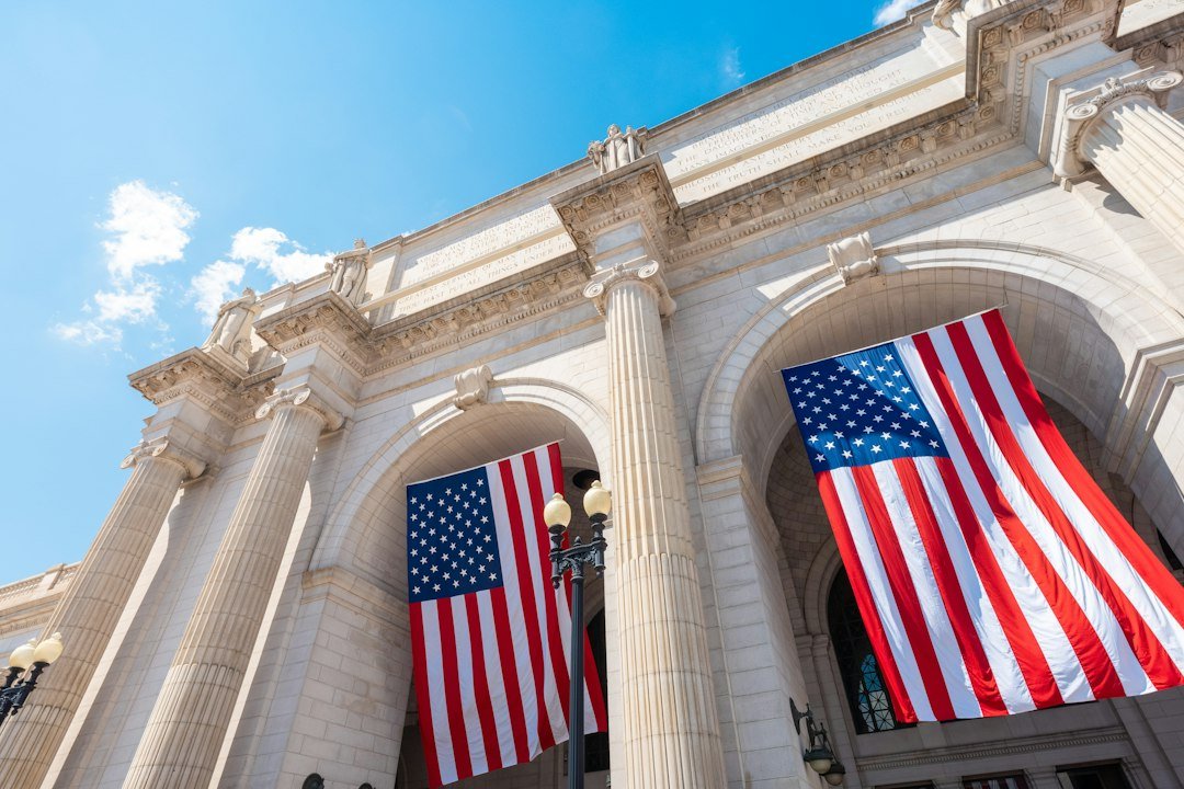 Giant American flags hanging in Washington DC representing federal government policy