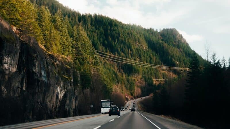 Winding highway through mountains representing the 794-mile efficiency drive of Volkswagen's Mission Efficiency prototype