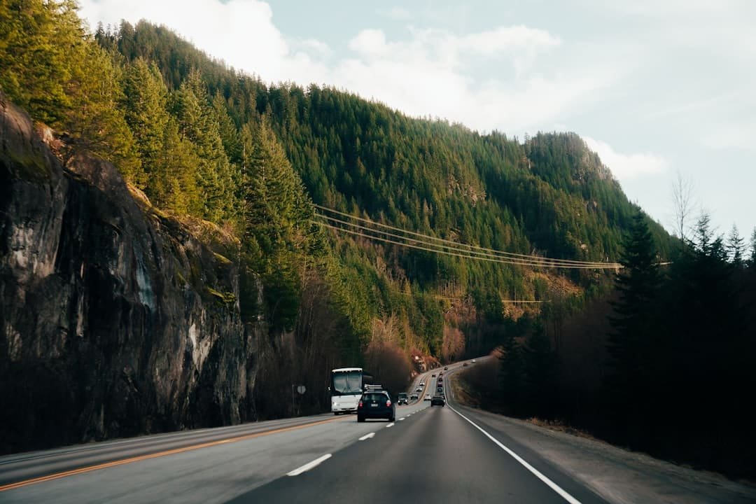 Winding highway through mountains representing the 794-mile efficiency drive of Volkswagen's Mission Efficiency prototype