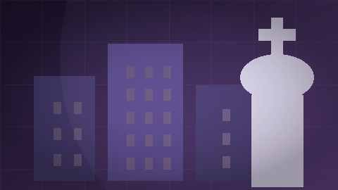 Abstract illustration of office buildings and a chess king piece representing corporate governance change