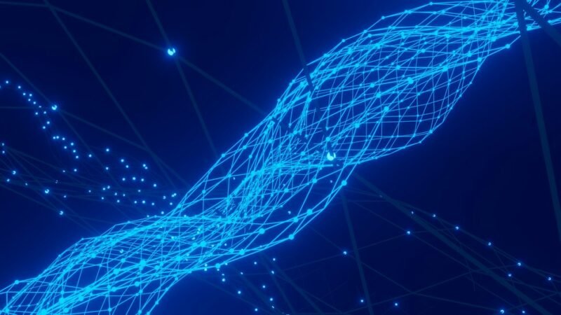 Abstract blue technology background with glowing lines and dots, representing contrarian AI research funding