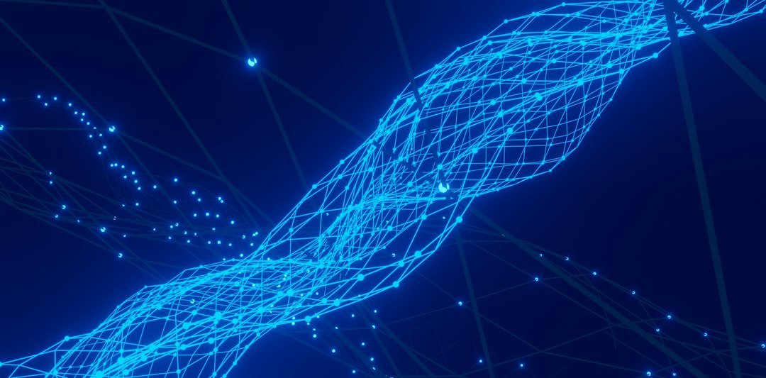 Abstract network visualization representing AI research funding flows