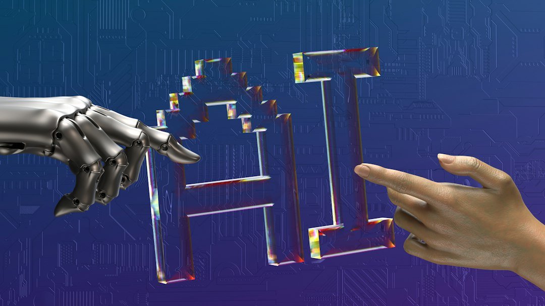 Illustration of a robot hand and human hand both reaching toward AI text, representing AI research