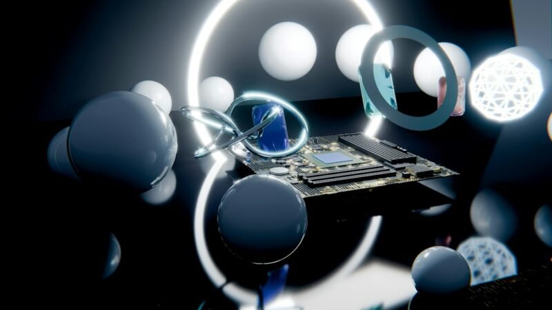 Abstract technology circuit board with glowing rings representing AI search monitoring