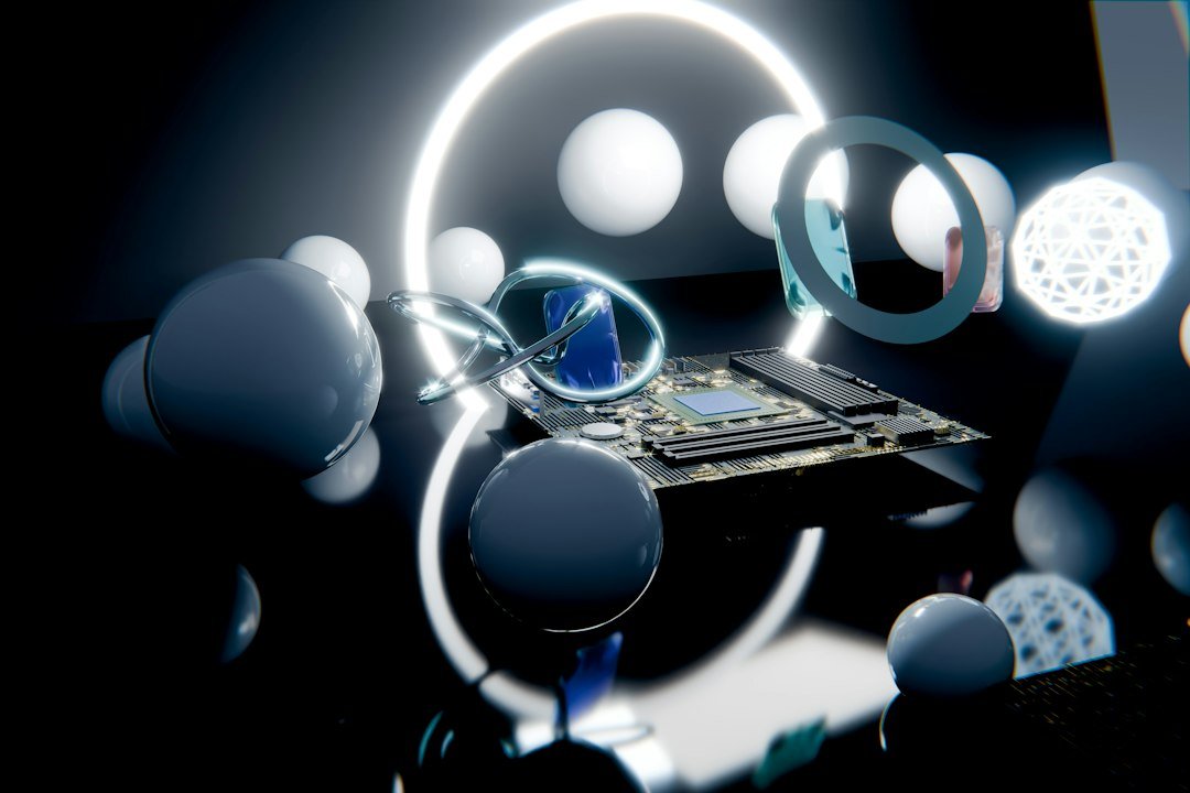Abstract technology circuit board with glowing rings representing AI search monitoring