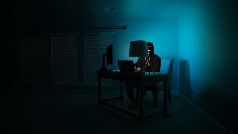Person at a computer wearing an anonymous mask in a dark room