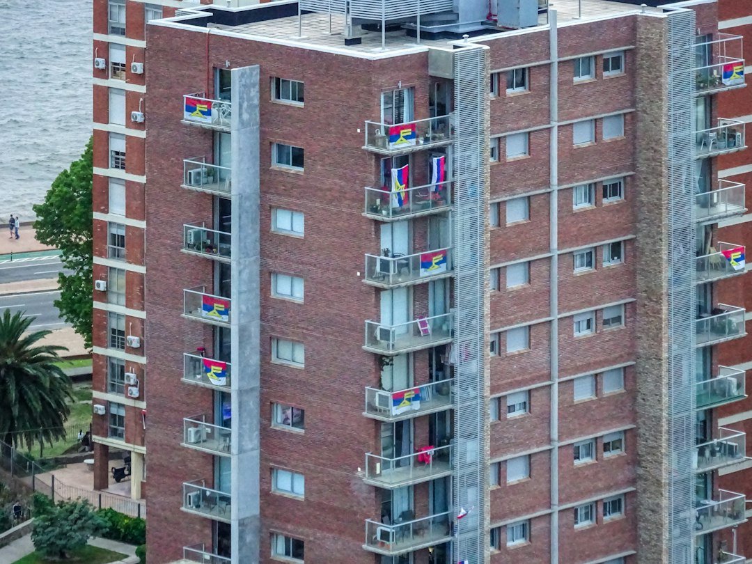 Brick apartment building with balconies