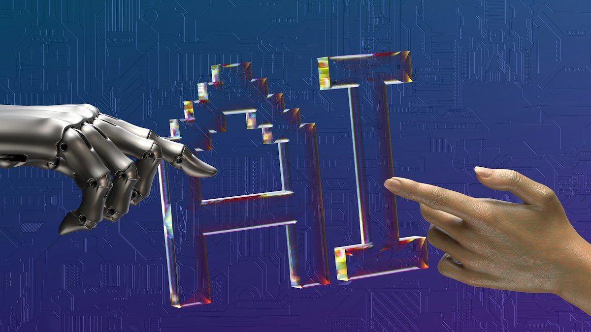 A human hand and a robotic hand both reaching toward a glowing AI text element, representing ChatGPT's new Intelligent UI feature