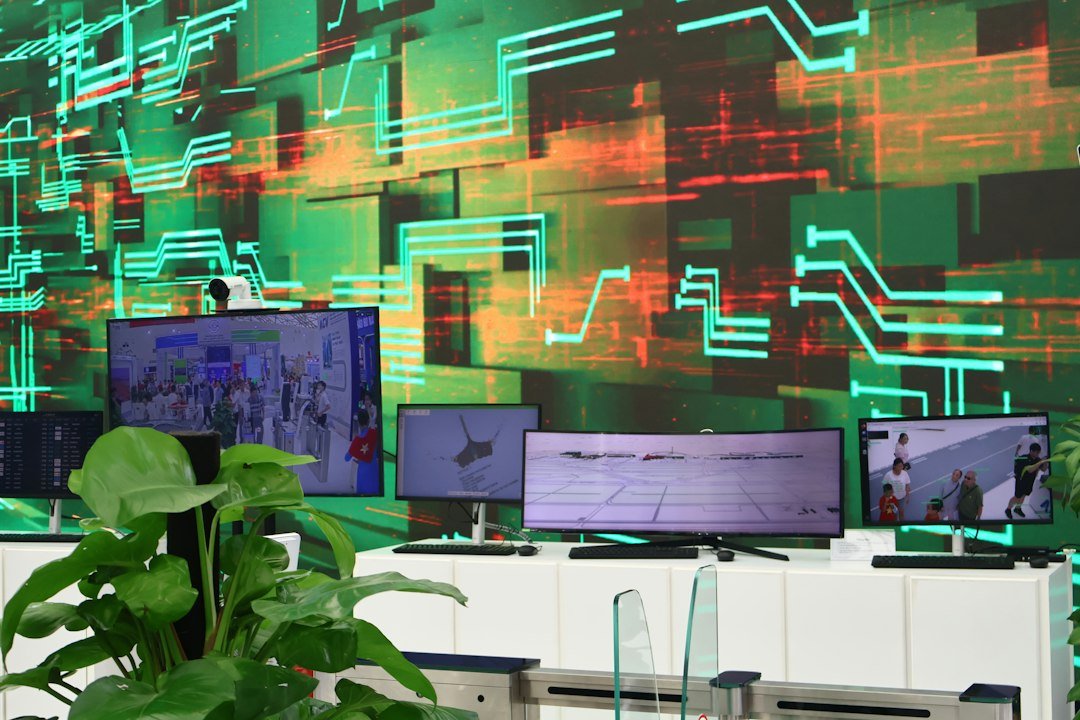 Digital screens displaying data over a circuit board, representing a website outage