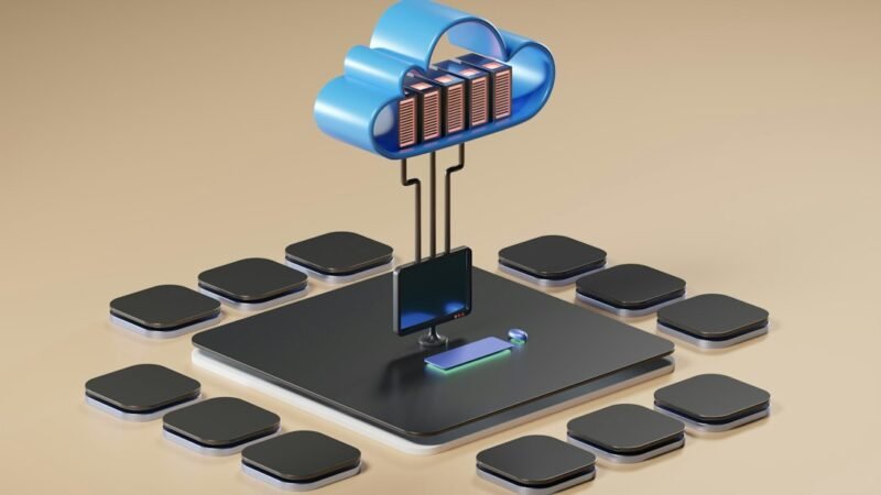 A 3D render illustrating cloud computing infrastructure