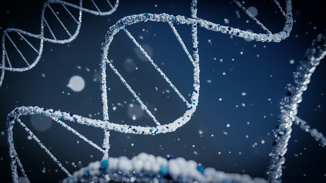3D visualization of a DNA strand representing an AI model analyzing genetic sequences