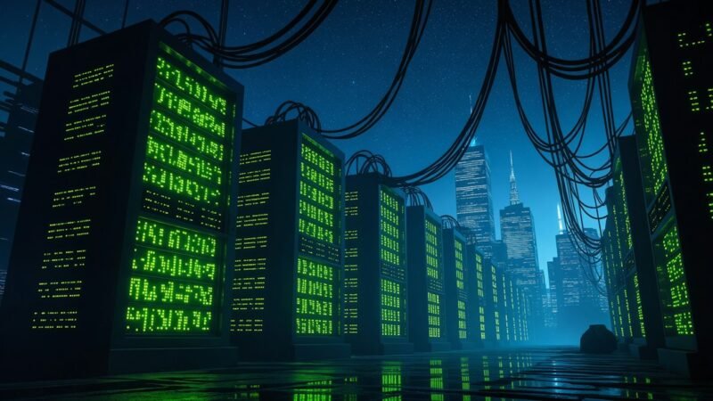 Servers illuminating a futuristic data center at night, representing internet infrastructure
