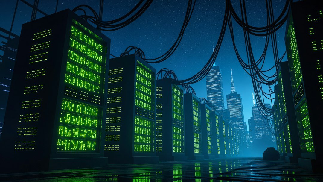 Servers illuminating a futuristic data center at night, representing internet infrastructure