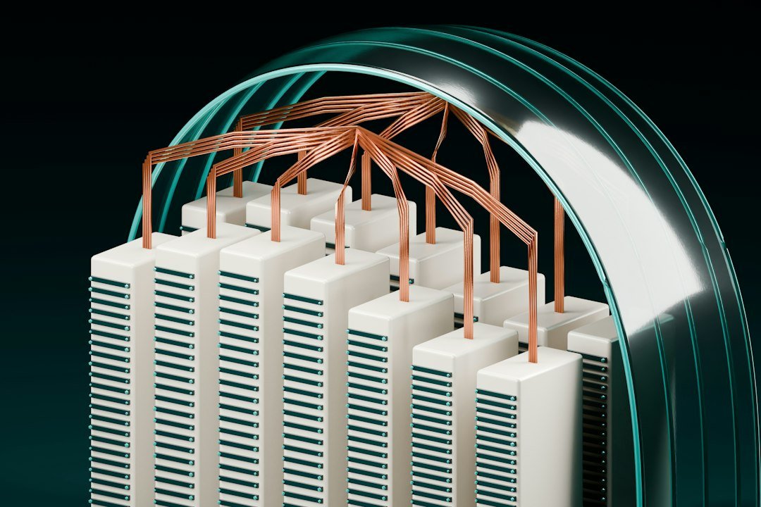 Conceptual cutaway of data center server racks and cooling infrastructure