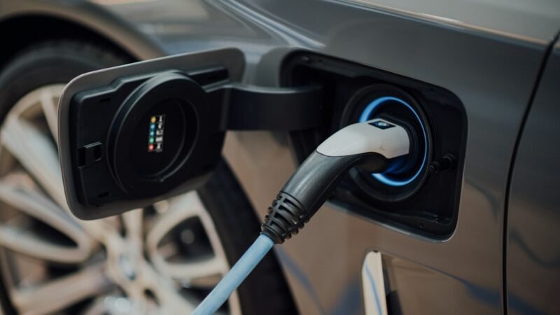 An electric vehicle charging cable plugged into a car at a charging station