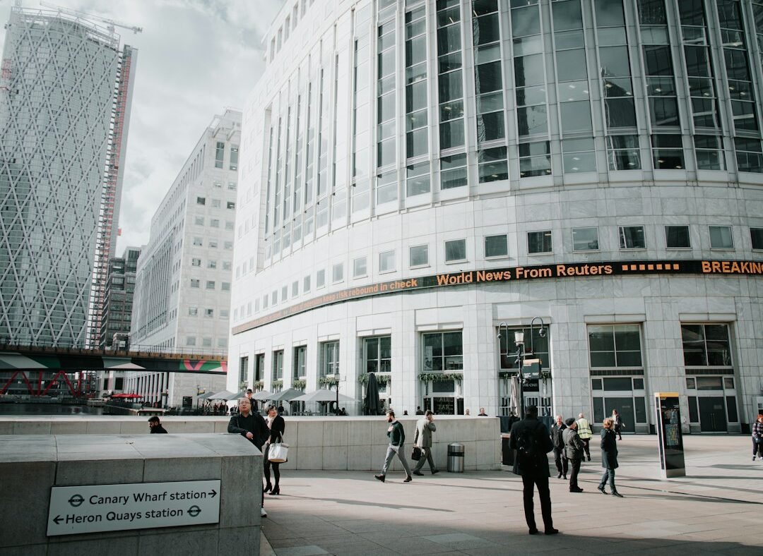 Modern office buildings in a bustling financial district