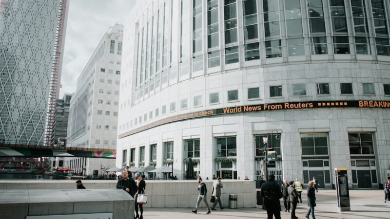 Modern office buildings in a bustling financial district